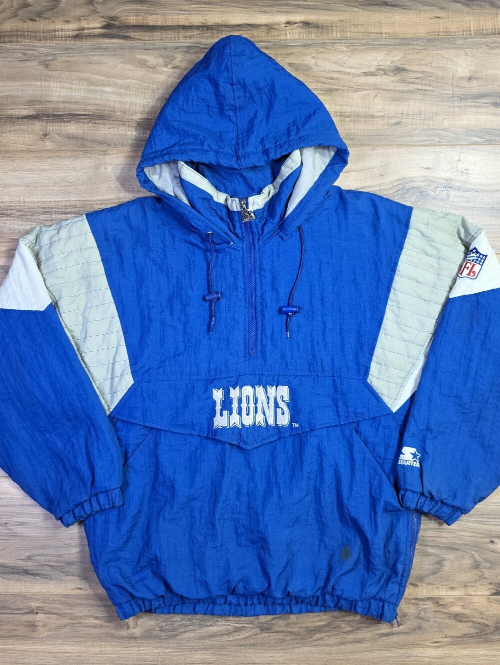 Vintage Detroit Lions Starter Jacket Pullover Hooded NFL Blue Mens M Streetwear